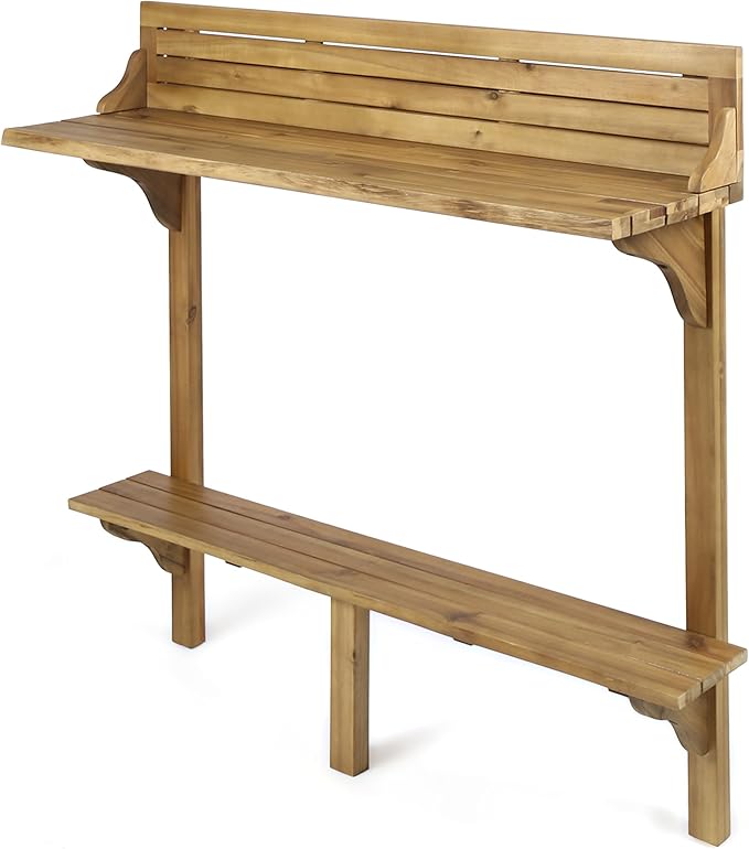 Merax Wall Mounted Balcony Table, Folding Outdoor Bar Table with Acacia Wood Top, Space Saving Railing Table for Patio, Small Balcony, Natural