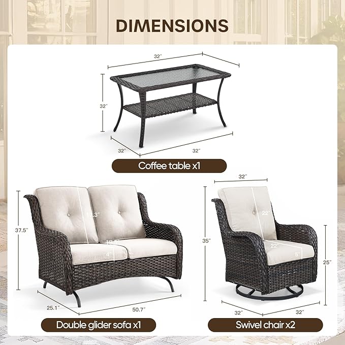Patio Loveseat Glider Set, Resin Wicker Loveseat Glider with 4 Swivel Patio Chiars Coffee Table, 6 Piece Patio Conversation Set PE Rattan Loveseat Set, Brown Wicker|Beige Cushions