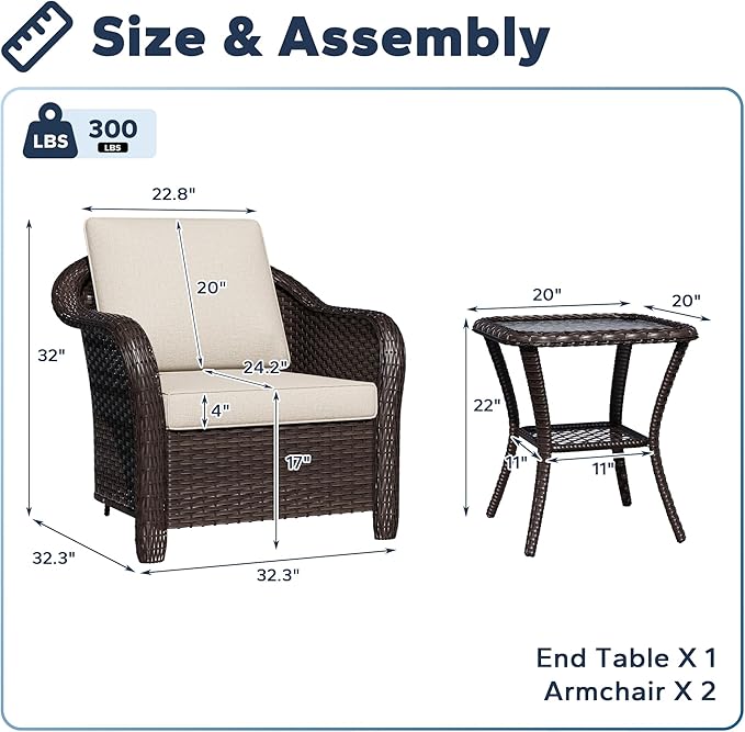 Outdoor Chairs with Side Table, Patio Wicker Chairs, Outside Conversation Furniture Set with Washable Cushions for Sunroom, Gazebo, Poolside (Beige)