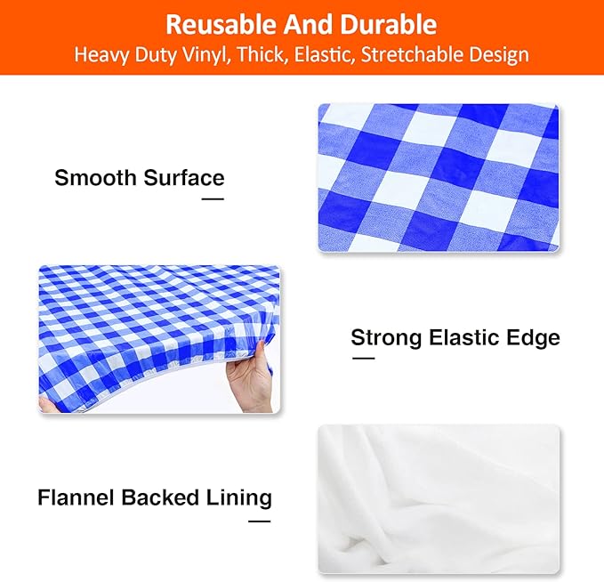 KENOBEE 7ft Picnic Table and Bench Cover, Camping Essentials RV Gear, 84 in Waterproof Windproof Outdoor Elastic All Around Tablecloth, Fitted Rectangle Tables and Seats, Blue-White Checkered
