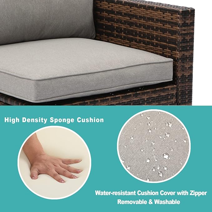 COSIEST 6-Piece Outdoor Furniture All-Weather Mottlewood Brown Wicker Sectional Sofa w Warm Gray Thick Cushions, Glass-Top Coffee Table, 1 Teal Pattern Pillows Incl. Clips