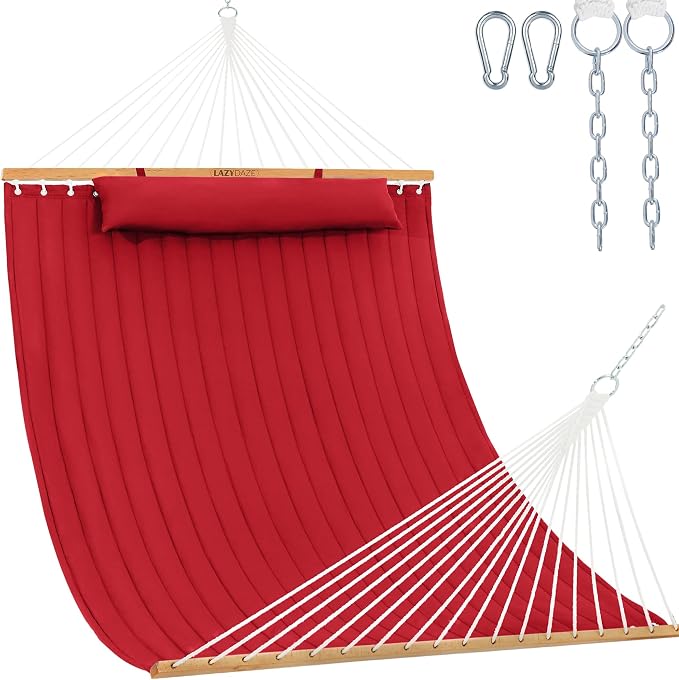 Lazy Daze Hammocks 12 FT Double Quilted Fabric Hammock with Spreader Bar and Detachable Pillow, 2 Person Hammock, 450lbs Weight Capacity, Burgundy