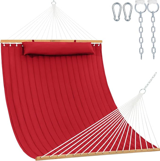 Lazy Daze Hammocks 12 FT Double Quilted Fabric Hammock with Spreader Bar and Detachable Pillow, 2 Person Hammock, 450lbs Weight Capacity, Burgundy