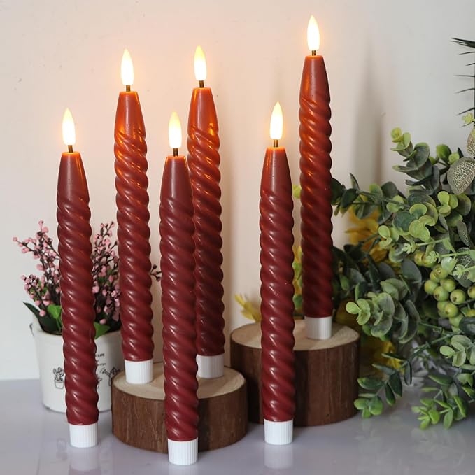 Flameless Taper Candles Real Wax Flickering with Remote Timer, Brownish Red 3D Wick LED Spiral Candles Battery Operated 6 Pack 9.8 inch, Wedding Birthday Home Party Holiday Dinner Decor