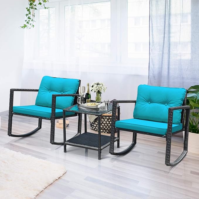 Tangkula 3 Pieces Patio Wicker Rocking Bistro Set, Outdoor Rocking Chair Furniture Set w/Cushioned Seat, Conversation Set w/Glass Coffee Table and Storage Shelf (Turquoise)
