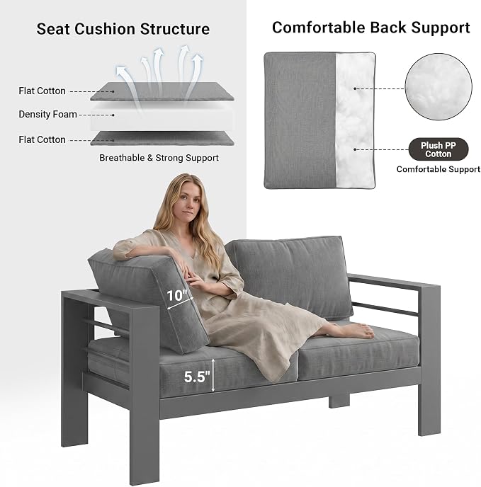 Solaste Outdoor Couch Aluminum Patio Furniture Sofa, 3-Seat All-Weather Metal Outdoor Patio Furniture with Cushions,Dark Grey