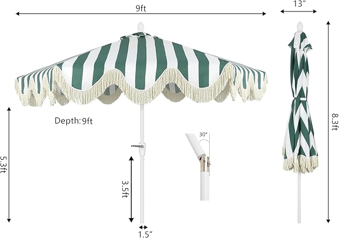 JONATHAN Y UMB1001 Collins 9 ft. Classic Cottage Tassel Market Patio Umbrella with Auto-Tilt, Crank, Wind Vent and UV Protection