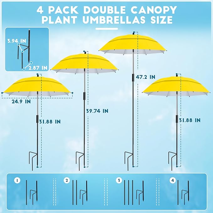 4 Pack 24.9" Double Canopy 47.2" Height Plant Umbrellas for Outdoor Plants, 3D Stakes 360° Adjustable Plant Shades for Outdoor Plants, Garden