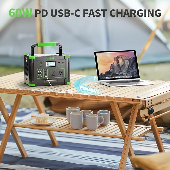 Portable Power Station 500W, 519.48Wh Solar Generator, 120V Pure Sine Wave AC Outlets, 60W USB-C PD, 10 Ports for Outdoor Camping RV Van, Home Backup Emergency Off-Grid Living,Dark Green