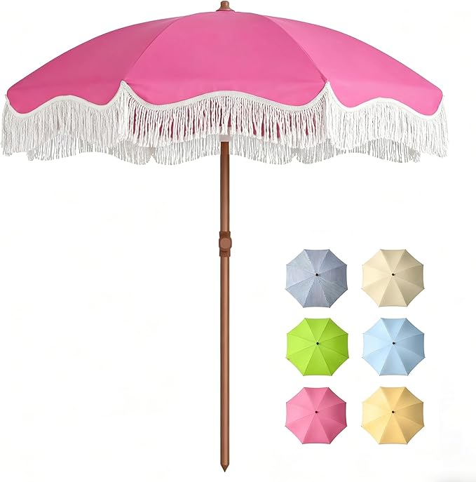 7FT Patio Umbrella with Fringe, Outdoor Tassel Umbrella with Fiberglass Ribs, Boho Beach Umbrella, Push Button Tilt and Carrying Bag, UPF50+