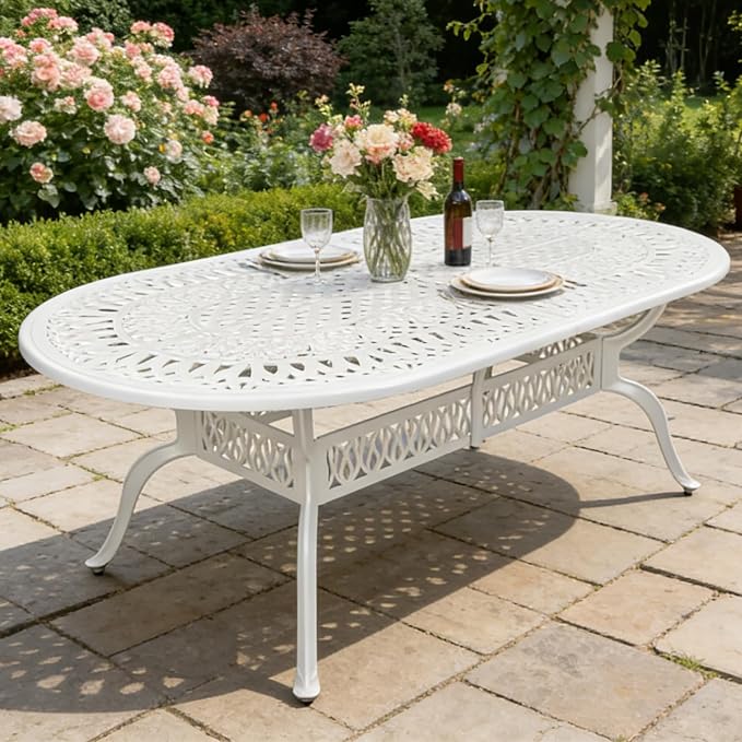 MEETWARM Outdoor 84" Oval Patio Dining Table, All Weather Cast Aluminum Large Patio Furniture Table Fits for 6-8 Person with 2" Umbrella Hole, White