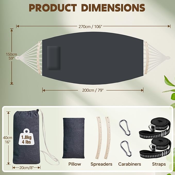 Chihee Cotton Hammock Holds Up to 660lbs Fabric Hammock 8.9x4.9ft Soft Portable Tree Hammocks Camping with Detachable Spreader Bar Pillow 2 Strong Webbings 2 Carabiners Indoor Outdoor Backyard Garden