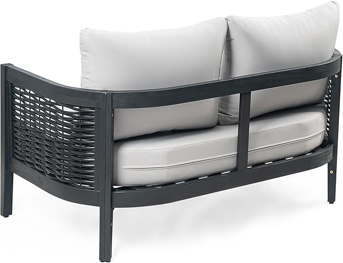 Christopher Knight Home Ramos Patio Conversation Set, 2-Seater Sofa/Loveseat+Coffee Table, Acacia Wood+Wicker Cushion+Back Pillows, Outdoor Seating, Garden, Backyard, Poolside, Black + Light Grey