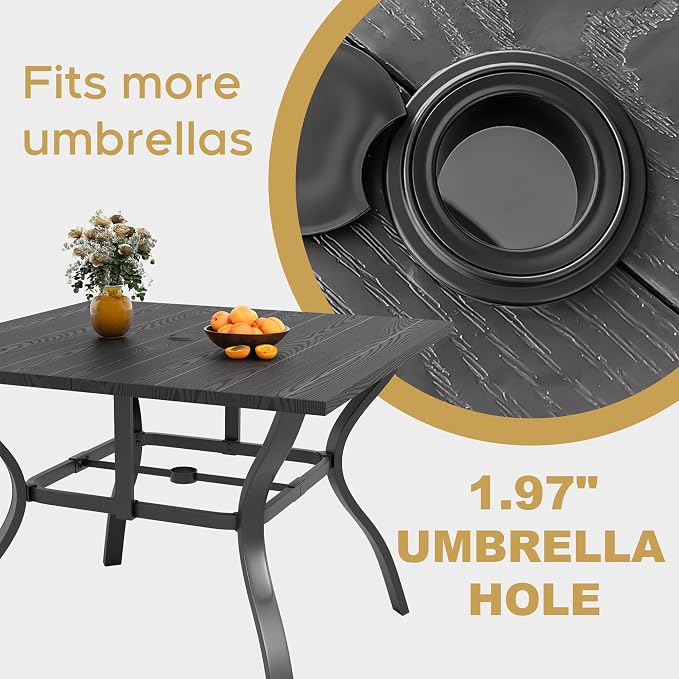 37.8'' Outdoor Dining Table for 4, Black Metal Patio Dining Table with 1.97'' Umbrella Hole,Anti-Rust Waterproof Square Table for Porch Deck Poolside Garden Backyard