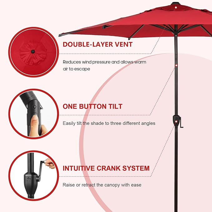 Abba Patio 9FT Lyon Outdoor Patio Umbrella Outdoor Table Umbrella with Push Button Tilt and Crank Market Umbrella 6 Sturdy Ribs UV Protection Waterproof for Garden Deck Backyard Pool, Red