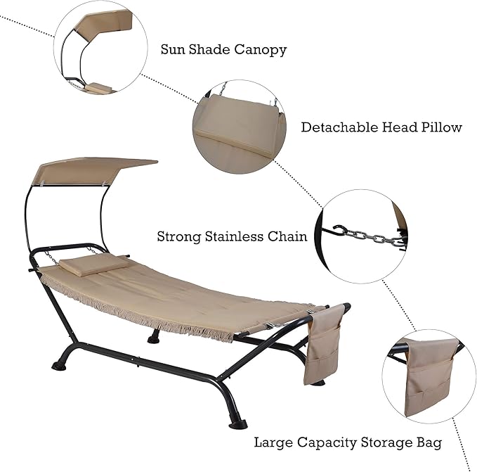Kozyard Ailsa Outdoor Patio Hammock with Stand, Pillow, Storage Pockets (Beige Canvas and Black Frame)