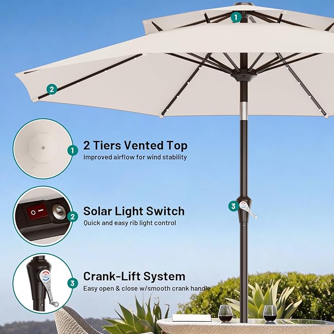 AreShark 9ft 2 Tiers Patio Umbrella with Solar Lights, Outdoor Umbrella w/ 32 LED Lights&8 Sturdy Ribs, Table Umbrella for Deck, Backyard, Pool(Ivory)