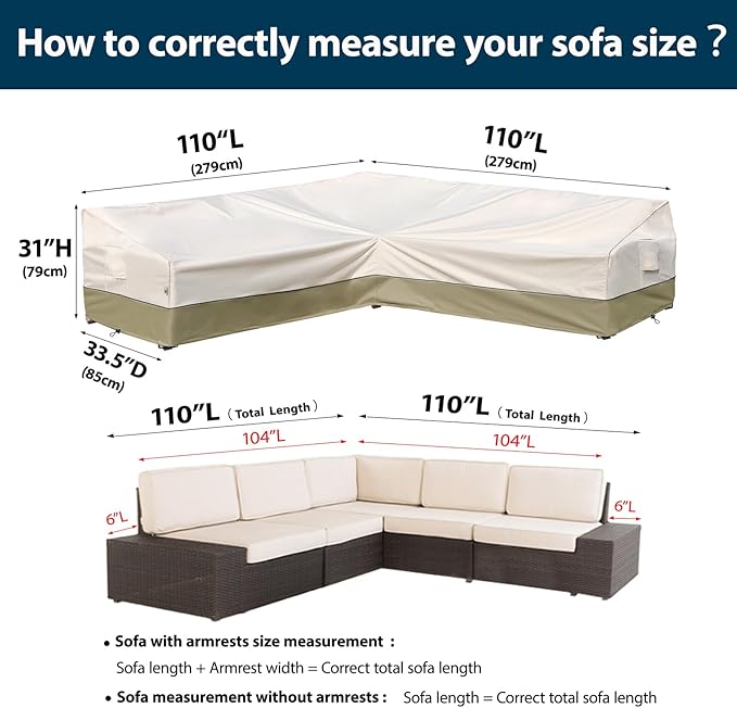 Outdoor Sectional Cover-V-Shaped Sofa Patio Furniture Covers Waterproof Rip-Stop Anti-UV 600D Heavy Duty Outdoor Couch Cover with 3 Air Vents, 110''L (110''L) 33.5''D 31''H, Light Green