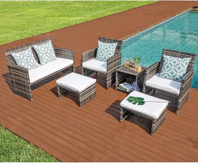 OC Orange-Casual Patio Furniture Wicker Conversation Set Pillows Included, Outdoor Loveseat Chairs with Ottomans, White Cushions w/Taupe Cushion Cover, Gray Wicker 6 Pieces