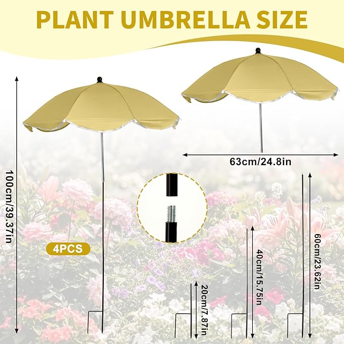 4 Pack Plant Umbrellas for Outdoor Plants 25" Larger Garden Umbrella Sun Shade with Adjustable Angle 40" Higher Sun Protection Cover Shade for Plants, Potted Flower,Garden Bed