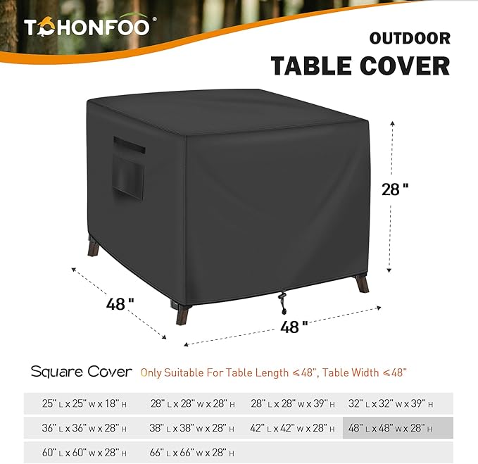 Square Patio Table Cover, Outdoor Table Covers Waterproof, UV Resistant Outdoor Lawn Patio Furniture Covers, 48" L x 48" W x 28" H