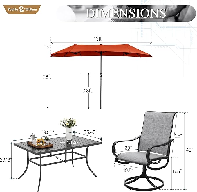 Sophia & William Patio Set with Umbrella 8 Pieces Outdoor Dining Set for 6 with 13ft Large Patio Umbrella Red, 6 x Grey Swivel Patio Chairs with 59" Dining Table for Lawn Garden