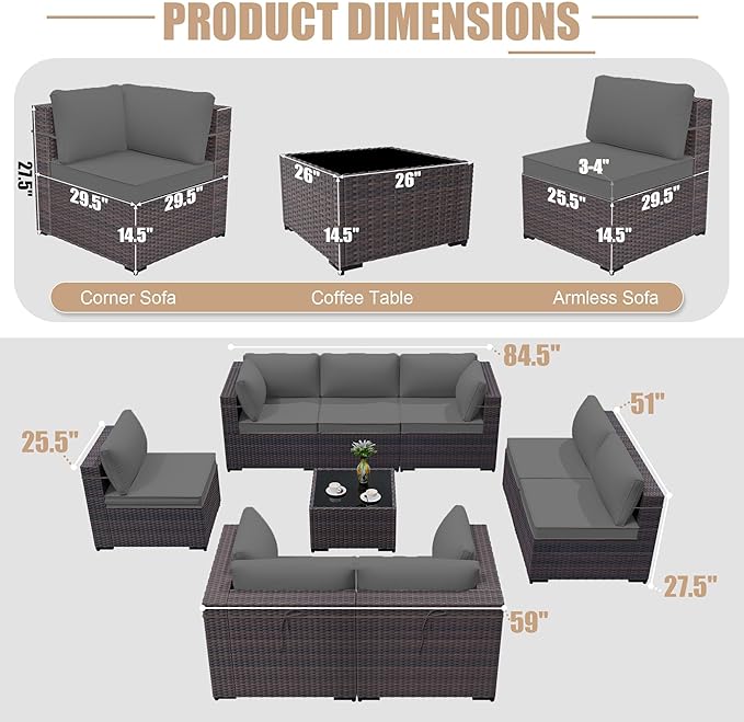 ALAULM 9 Pieces Patio Furniture Set Wicker Patio Conversation Set with 4 Corner Sofas, Outdoor Sectional Furniture w/Coffee Table & Washable Seat Cushions-Grey