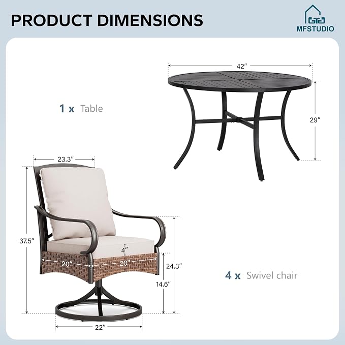 MFSTUDIO Round Patio Table and Chairs, 5 Piece Patio Dining Set, Outdoor Table and Chairs for 4, Square Metal Dining Table with Swivel Chairs, Outdoor Dining Set for 4, 1.57-1.9’’ Umbrella Hole