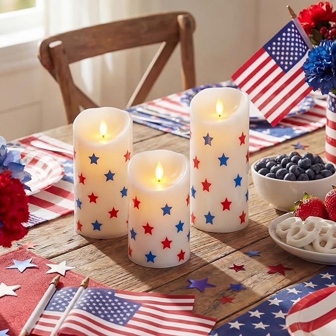 Tuanse Set of 3 4th of July Flameless Candles Battery Operated Patriotic Red & Blue Pentagram Pillar Candles, Mixed Size LED Light Candle for 250th Anniversary Independence Memorial Day Table Decor