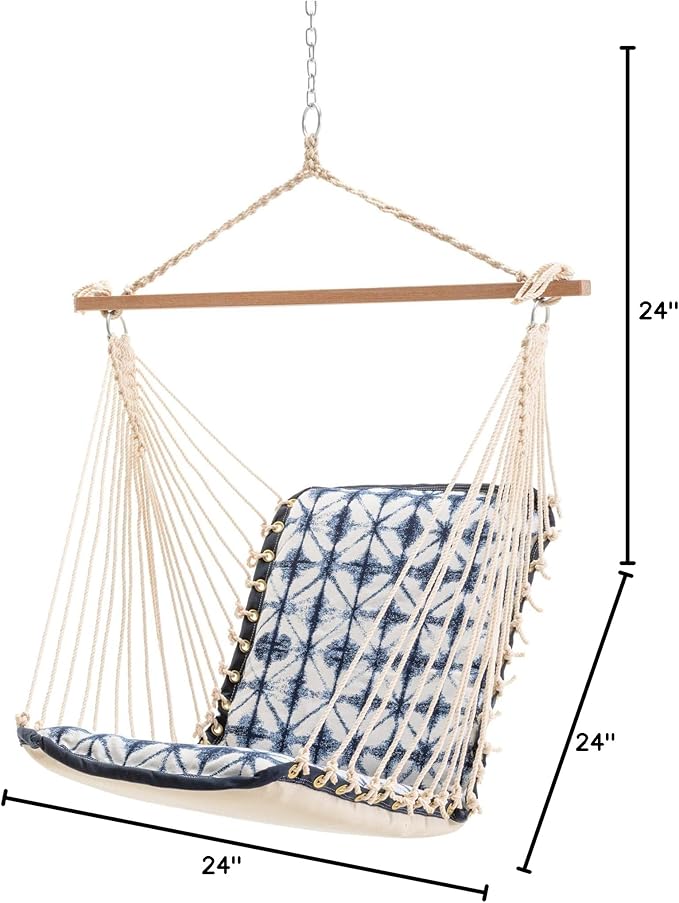 Nags Head Hammocks Midori Indigo Sunbrella Cushioned Single Swing – 24 in. x 24 in., 350 lb Capacity, Cumaru Spreader Bar, Handcrafted in The USA