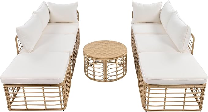 LUMISOL 7 Pieces Outdoor Wicker Sectional Sofa Set with Ottomans & Coffee Table, Rattan Conversation Sofa, Beige