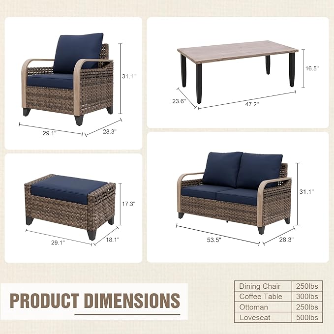Modern Wicker Patio Furniture Set, Rattan Outdoor Conversation Set with Comfortable Cushions, 2 Patio Chairs, 2 Seat Loveseat, 2 Ottomans and Coffee Table, 6 Pieces, Brown/Blue
