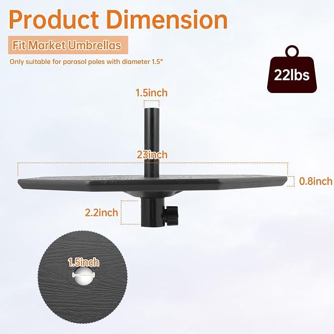 Patio Umbrella Table Tray with LED Light, 23” Outdoor Adjustable Portable Umbrella Table with Hole, All Weather PE Umbrella Tray for Beach, Poolside, Backyard, Garden, Classic Black