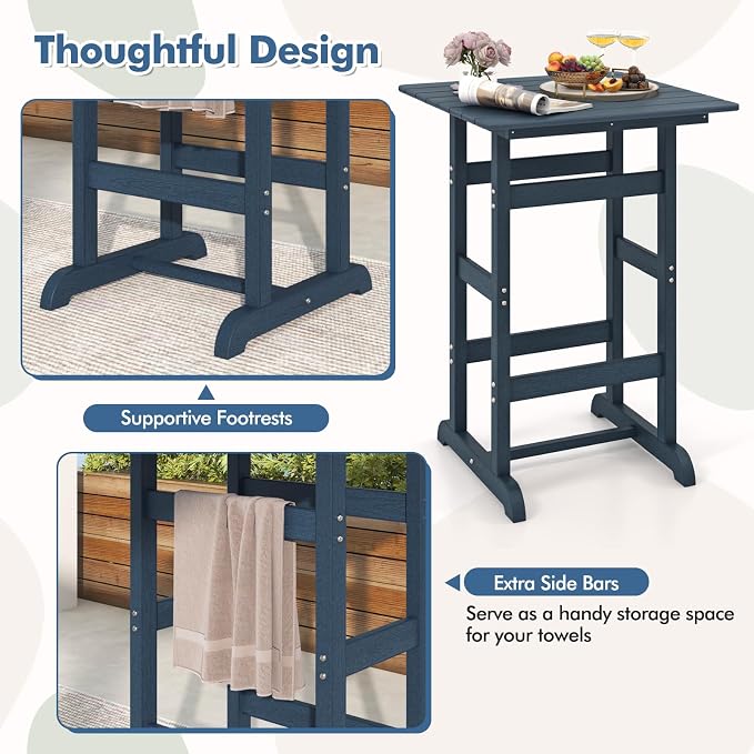 Giantex 42" Height Outdoor Tall Bar Table, HDPE Square Pub Tables with Wood Grains, High Top, Cocktail Bistro Table for Adirondack Chairs, Patio, Garden, Poolside, Yard, Balcony, Navy
