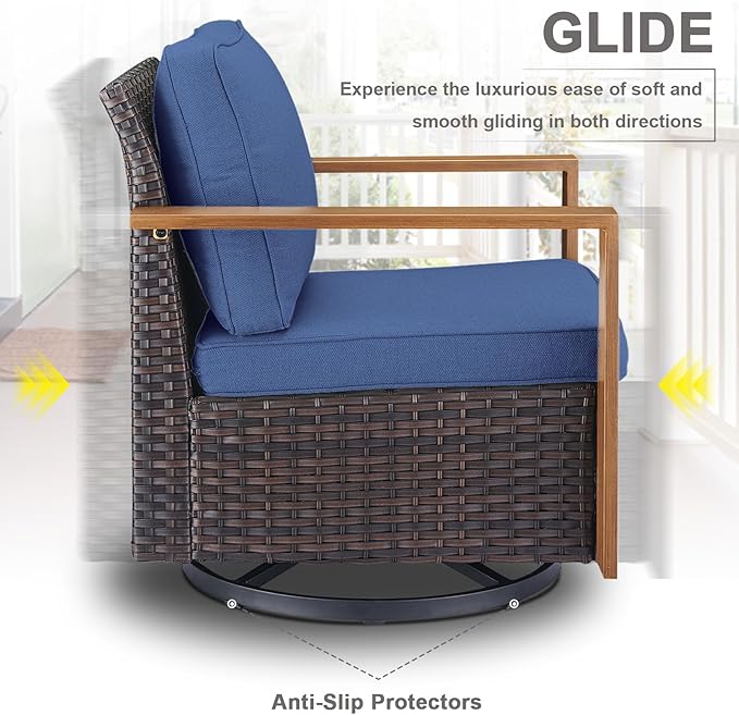 Belord Modern Outdoor Patio Furniture 7 - Person Outdoor Swivel Glider Seating Group, Backyard Wicker Furniture Set with Aluminum Armrests, Brown Wicker Blue Cushion