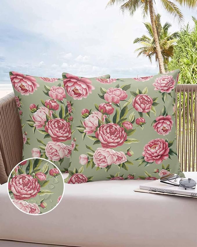 Vandarllin Outdoor Throw Pillows Covers 26x26 inch Set of 2 Waterproof Pink Rose Floral Decorative Zippered Cushion Covers for Patio Furniture, Sage Green Leaves Flowers Lumbar Pillowcases