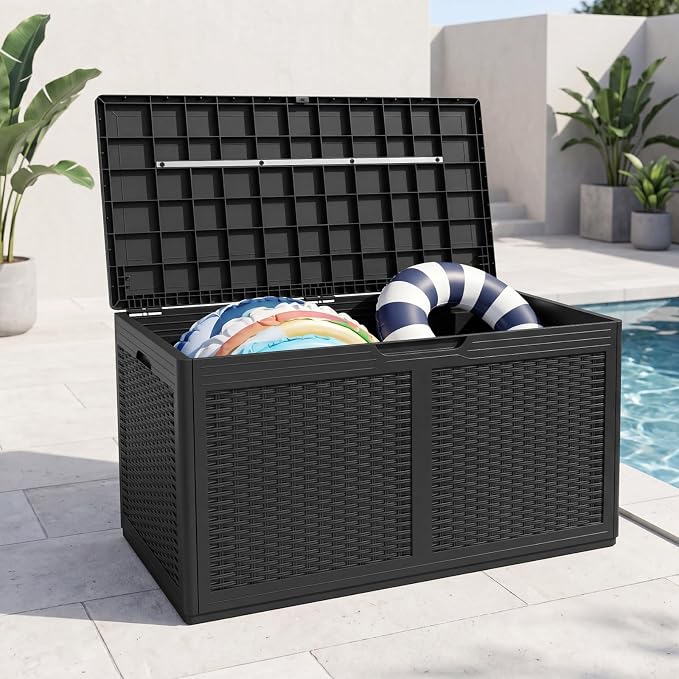 HAPPYGRILL 100 Gallon Resin Deck Box Outdoor Waterproof Storage with Lockable Lid, Rattan Texture Storage Container with Wheels for Pool Accessories, Garden Tool, Patio Furniture Cushion (Black)