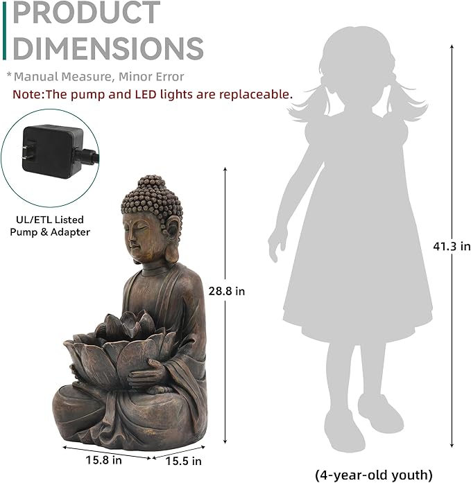29" Outdoor Fountain, Zen Meditating Buddha Water Feature with LED Lights, Resin Lotus Soothing Cascading Waterfall for Patio, Backyard, Garden or Porch