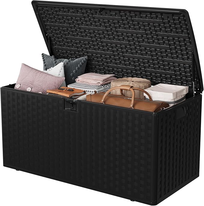 50 * 22 * 25 Inch Brown Resin Deck Box, 99 Gallon Outdoor Storage Box– Waterproof Lockable Outdoor Storage, Patio Container for Cushions/Garden Tools/Pool Accessories -With Gas Strut Black