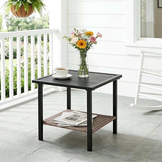 Sunset Escape Wicker Side Table, Rattan Outdoor End Table with Wood Grain Tabletop and 2-Tier Storage for Patio, Balcony and Garden, Black/Brown