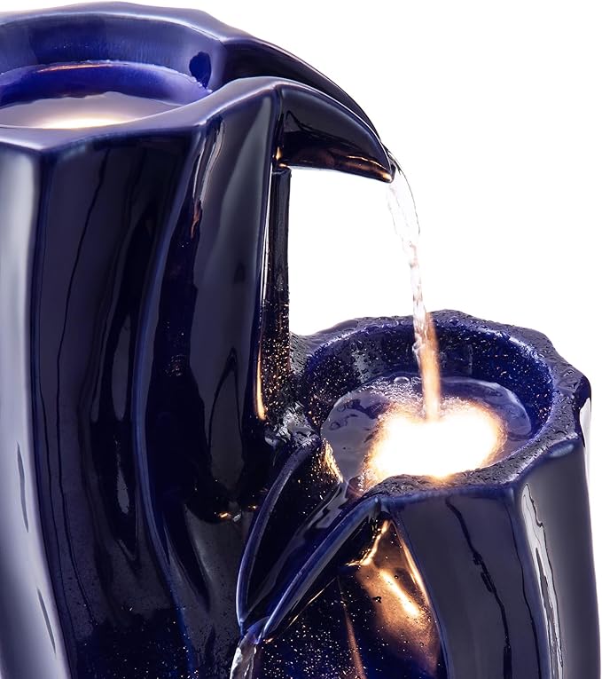 Glitzhome 30" Tall Outdoor Water Fountain with LED Light, Pump & Adapter, 4-Tier Cobalt Blue Wavy Texture Ceramic Cascading Garden Fountains Waterfalls for Porch Deck Patio Backyard