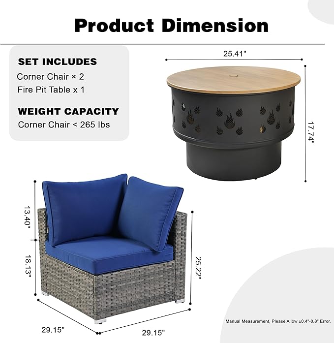 HOOOWOOO 3-Piece Outdoor Wicker Patio Furniture Set, Modular Sectional Sofa with Cushions and Fire Pit Table, All-Weather Rattan Garden Seating for Patio, Porch, or Balcony (Navy Blue)