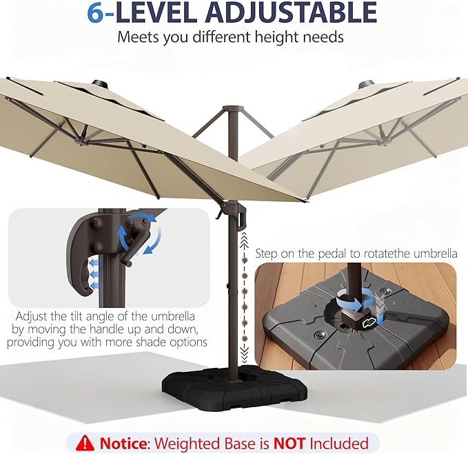 9' X 12' Cantilever Patio Umbrella Rectangle Outdoor Umbrella with Base Included, 6-Level Tilt & 360° Rotation Offset Umbrella for Garden, Deck, Pool (Beige)