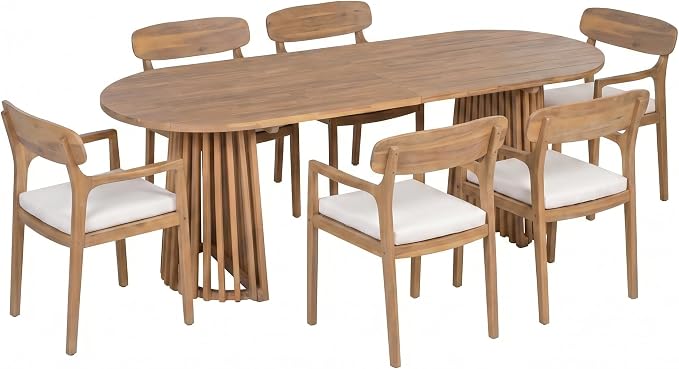 Christopher Knight Home Zoa Acacia Wood Dining Set for 6, Outdoor Dining Table with Dual Slatted Pedestal Bases, Outdoor Dining Chairs with Cushions, 7 Piece Patio Dinner Set, Beige/Teak