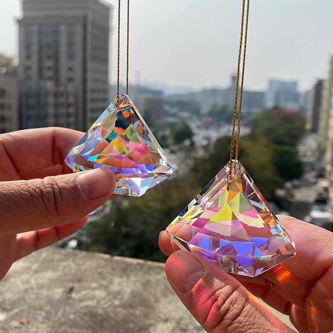 2PCS Diamond Crystal Suncatcher Prisms for Windows(Diamond ABColor) | AB Color, Transparent, K9 Glass, Rainbow Maker, with Hooks & Cord