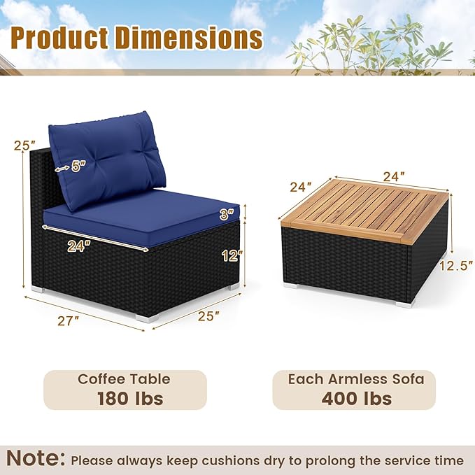 5 Pieces Patio Furniture Set, Outdoor Sectional Sofa with Acacia Wood Coffee Table & Cushions, Wicker Patio Conversation Set for Porch, Deck, Balcony, Poolside & Backyard (Navy Blue)