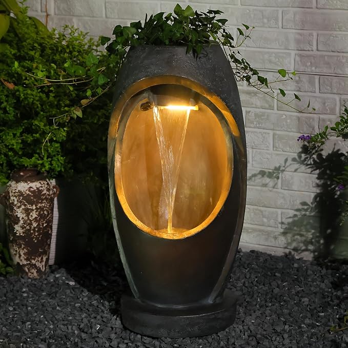 Modern Curved Waterfall Fountain with LED Lights, Smooth Flow Resin Water Feature for Garden Patio Backyard Indoor Decor, 27.95" Tall Sculptural Design