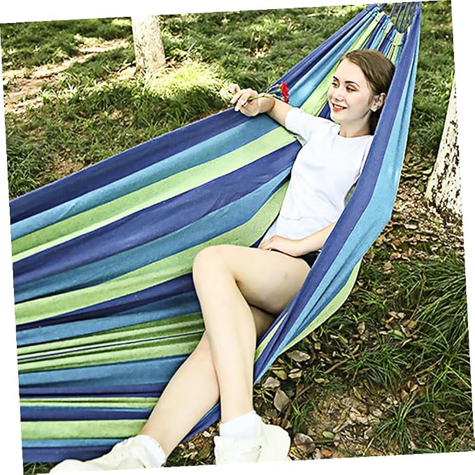 ORFOFE Double Canvas Hammock for Two Adults, Outdoor Travel Hanging Swing with Thickened Wide Blue Canvas, Portable Garden and Camping Hammock Suitable for Patio and Backyard