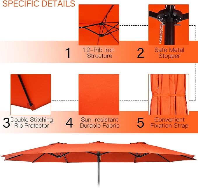 Tangkula 15FT Double-Sided Patio Umbrella with Base, Extra-Large Market Umbrella W/Crank System, Outdoor Twin Umbrella W/ 12-Rib Metal Structure & Air Vents for Garden, Backyard, Poolside (Orange)