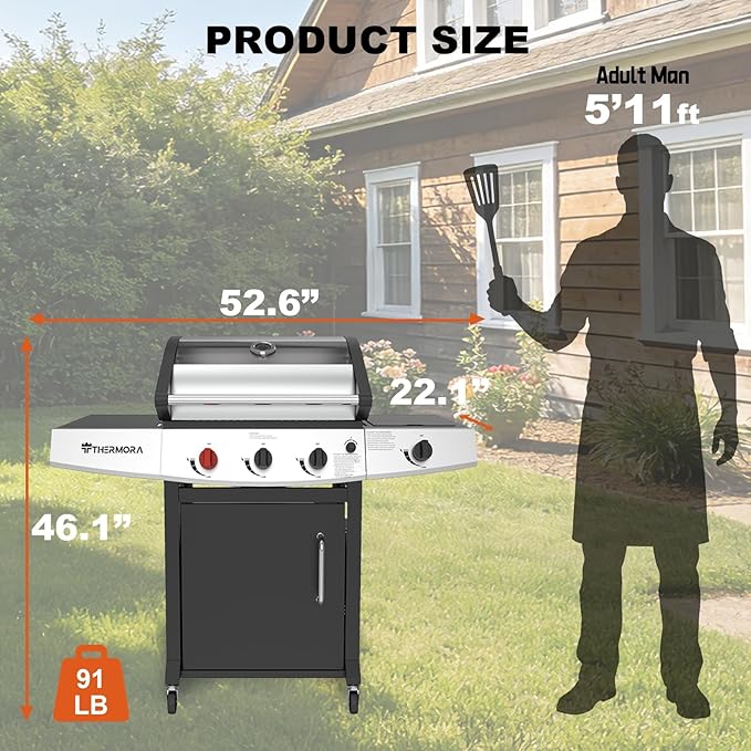 4 Burners Propane Gas Outdoor Grill 50000 BTU, 553 Sq.in, Side Burner, Porcelain-Enameled Grates, Stainless Steel Propane Grill Outdoor Cooking, Patio Garden Family Barbecues Party (4 Burners)